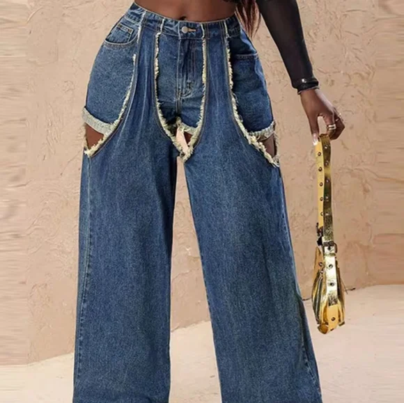 Sexy Hole Fringe Patchwork Jeans Casual Hollow OutLoose Empire Waist Wide Leg D